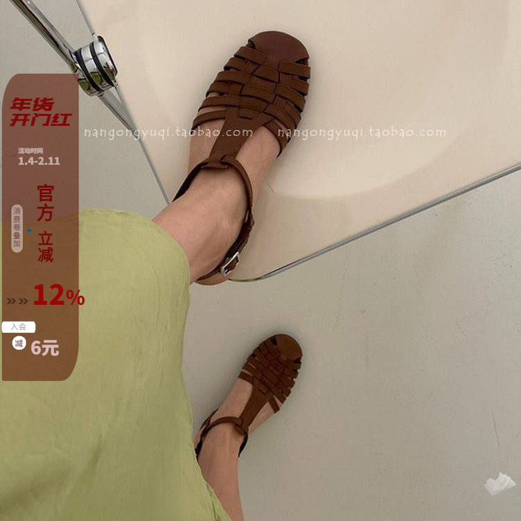 现韩国东大门女鞋2025夏新款复古编织镂空T型搭扣罗马凉鞋高级黑,女鞋,罗马凉鞋,淘宝优惠券,粉丝福利购,淘宝优惠卷