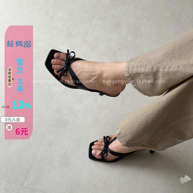 镂空蝴蝶结猫跟一字拖凉拖