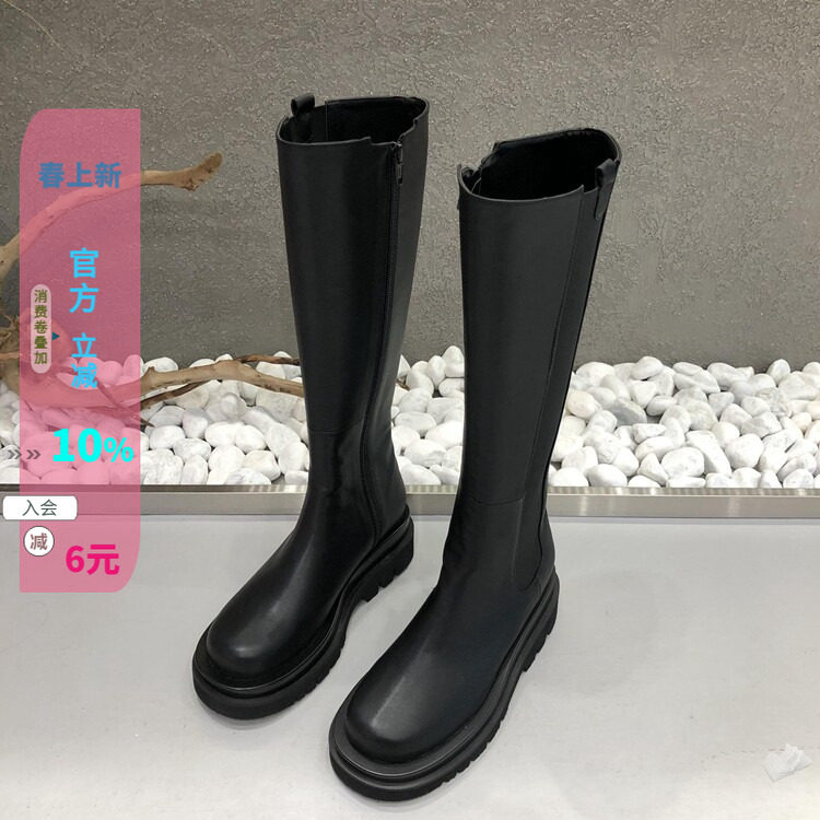 现韩国东大门女鞋20秋新款百搭圆头侧拉链防滑厚底显瘦烟筒高筒靴