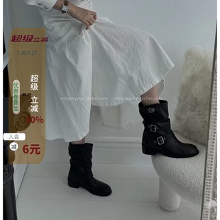 24秋新chic休闲软面皮带扣松弛感套筒低跟中筒靴 现韩国东大门代购