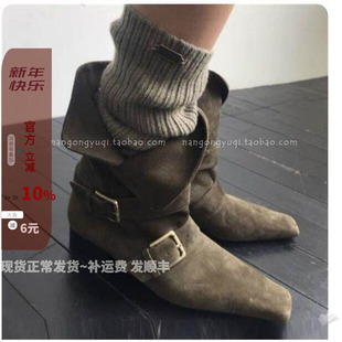 现韩国东大门女鞋秋新款法式复古高级感方头鹿皮绒皮带扣两穿短靴