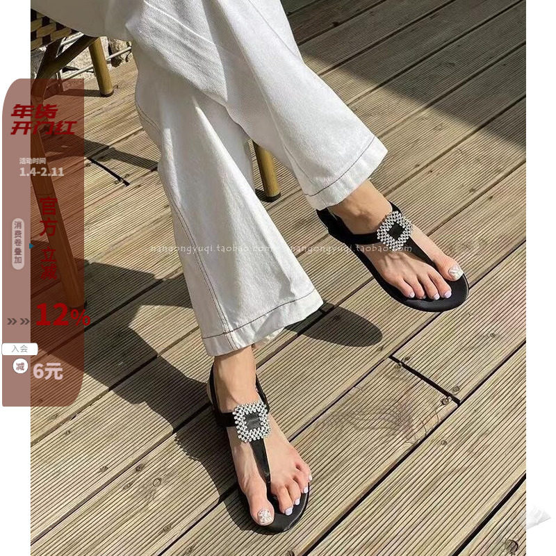 韩国东大门女鞋24夏新款chic休闲简约绸缎蝴蝶结烫钻夹趾平底凉鞋,女鞋,休闲凉鞋,淘宝优惠券,粉丝福利购,淘宝优惠卷