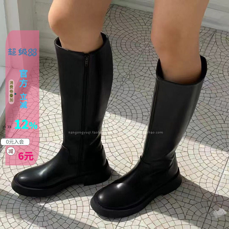 圆头软底轻便侧拉链高筒靴黑靴