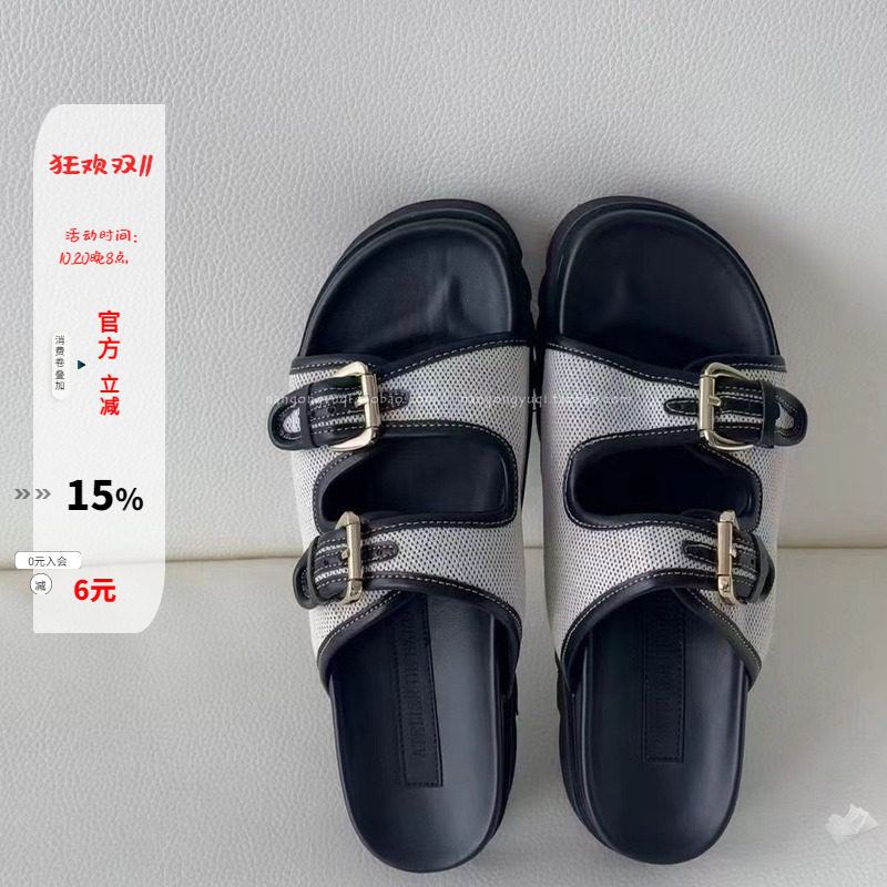 街拍亚麻皮带扣软厚底一字拖凉