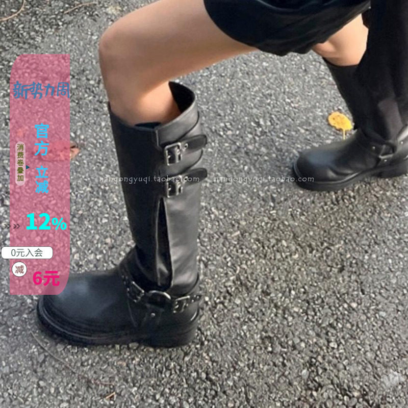 休闲皮带扣宽筒靴高筒靴黑靴女
