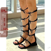 ins网红款 韩国东大门女鞋 2023夏新款 马蹄方跟绑带蝴蝶结罗马凉靴