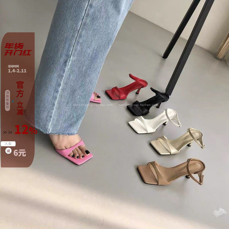 现 韩国东大门22夏ins简约气质方头露趾一字细带皮带扣小猫跟凉拖,女鞋,时装凉鞋,淘宝优惠券,粉丝福利购,淘宝优惠卷