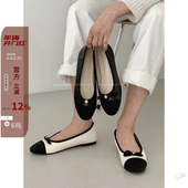 现韩国东大门女鞋 23春新chic减龄黑白拼色圆头浅口蝴蝶结平底飘鞋