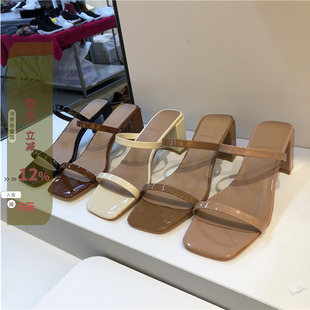 方头简约一字细带露趾粗高跟凉拖鞋 现韩国东大门女鞋 22夏漆皮法式