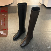 现韩国女鞋 琪琪东大门2020秋新韩版 简约百搭方头侧拉链显瘦高筒靴