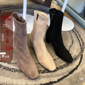 现韩国东大门女鞋 24年秋冬ins方头侧拉链粗跟方头瘦瘦靴弹力短靴