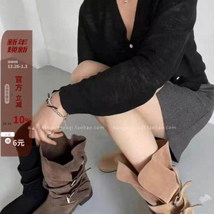 现韩国东大门女鞋 ins英伦休闲磨砂绒皮带扣两穿中筒靴子 24秋新款
