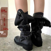 现 韩国东大门女鞋 25秋真皮软面宽松慵懒大筒可调切皮带扣高筒靴