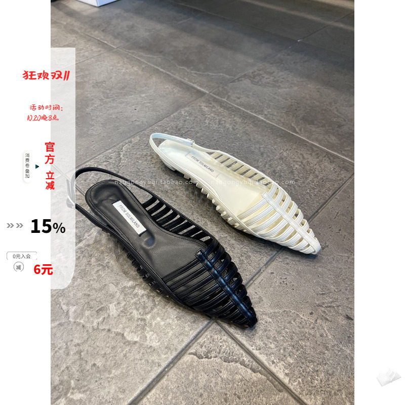 编织镂空纯色尖头低跟罗马凉鞋