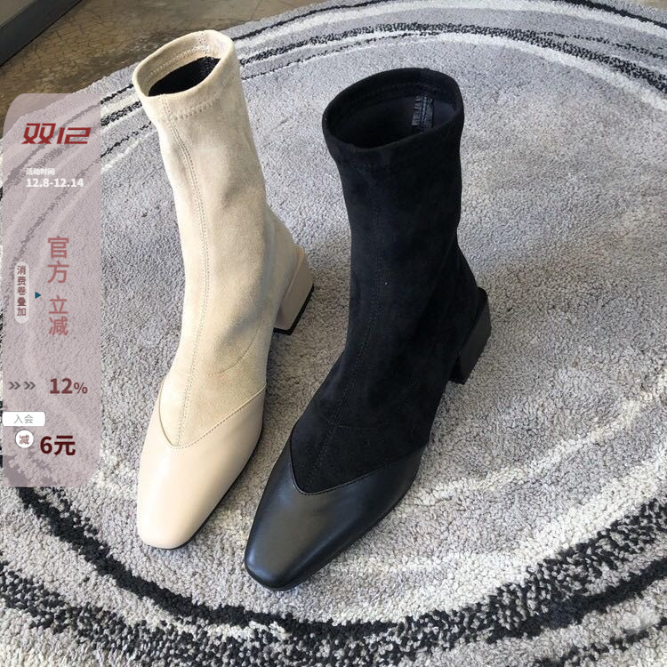 韩国东大门拼接弹力布方跟袜靴