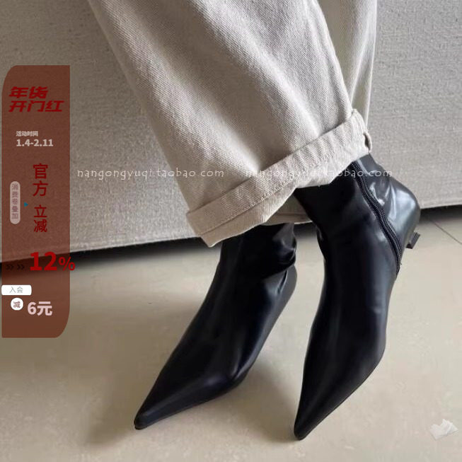 现韩国东大门女鞋2024秋新款ins气质简约尖头性感小猫跟及踝短靴,女鞋,时装靴,淘宝优惠券,粉丝福利购,淘宝优惠卷