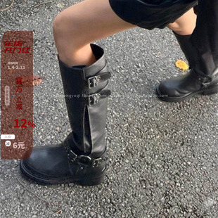 韩国东大门代购2024秋新款辣妹哑光休闲皮带扣宽筒靴高筒靴黑靴女