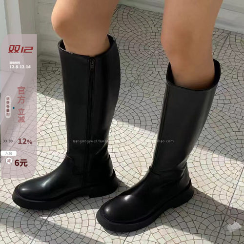 圆头软底轻便侧拉链高筒靴黑靴