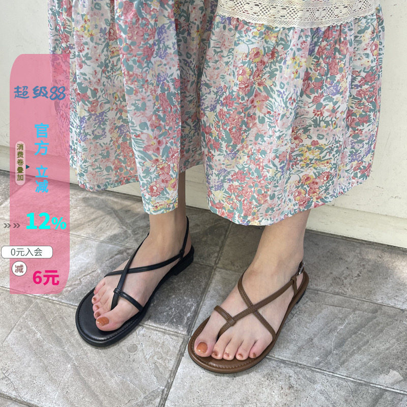 细带套脚夹脚平底罗马凉鞋