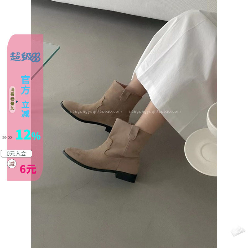 磨砂复古套筒圆头低跟西部靴