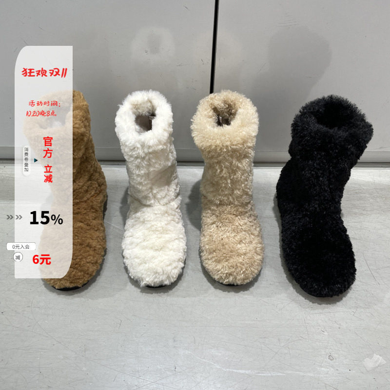 保暖毛毛雪地靴加绒平中筒靴棉靴