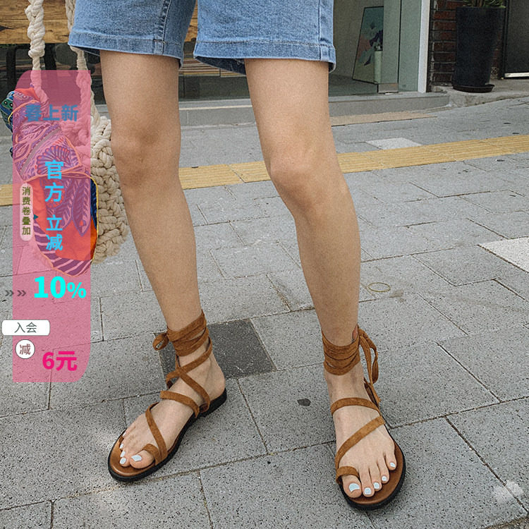 现清仓韩国女鞋琪琪东大门21年夏季新款绒布套趾交叉绑带罗马凉鞋
