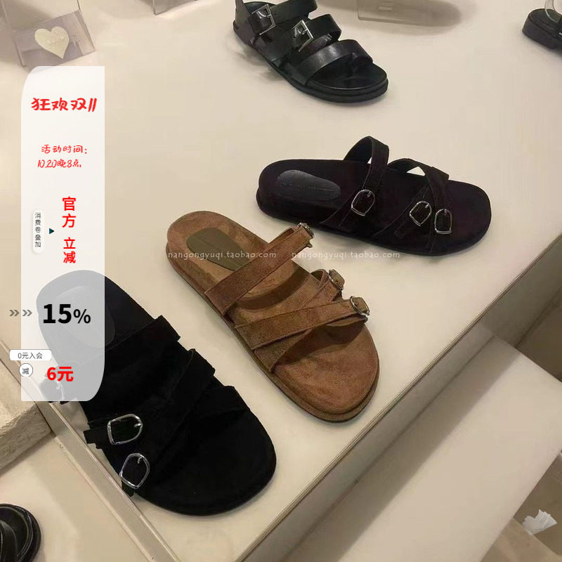绒皮带扣厚底一字拖凉拖
