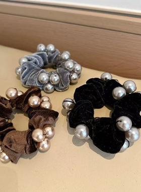 韩国丝绒黑色大肠发圈女法式感珍珠扎马尾丸子头发绳秋冬新款