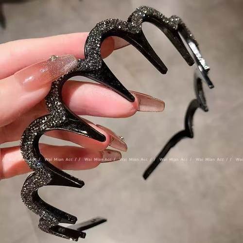 哈韩宅物百搭简约波浪发箍女新款高颅顶满钻带齿防滑发卡头箍发饰