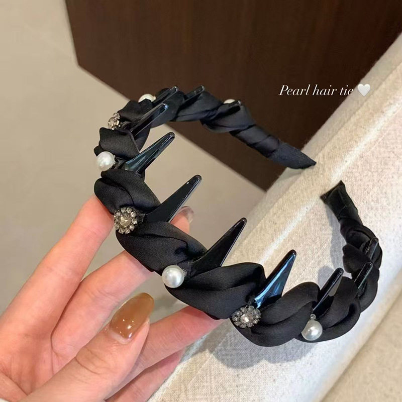 珍珠水钻缎面编织带齿发箍女高颅顶显脸小不勒头碎发整理发饰头饰