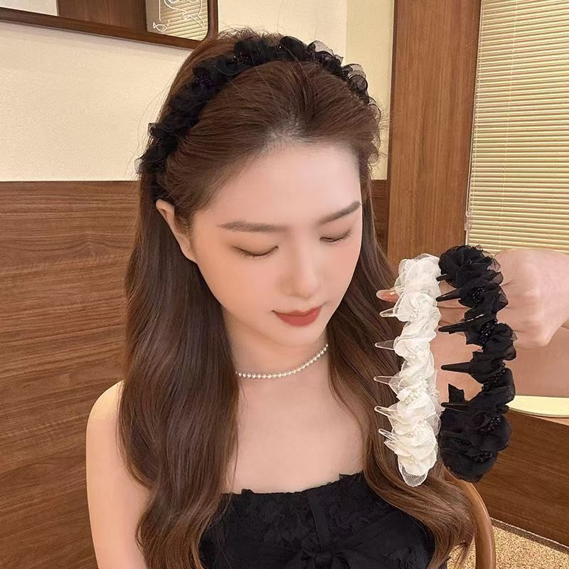 网纱褶皱蕾丝珠珠发箍女2025新款压发发卡高颅顶洗脸头箍头饰发捆