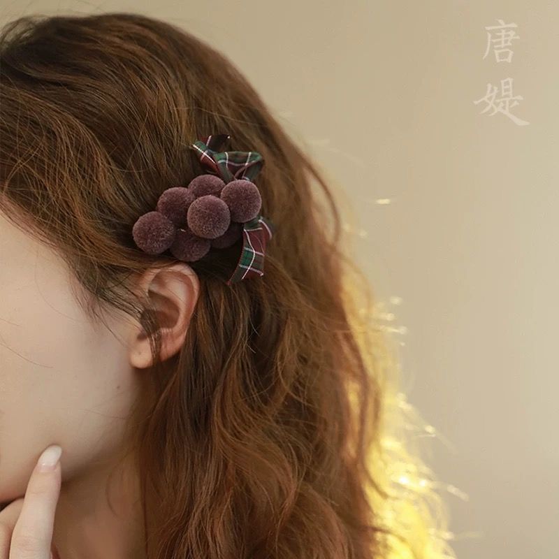 毛球格纹蝴蝶结发夹套装 可爱元气女款日常扎发百搭边夹头饰新