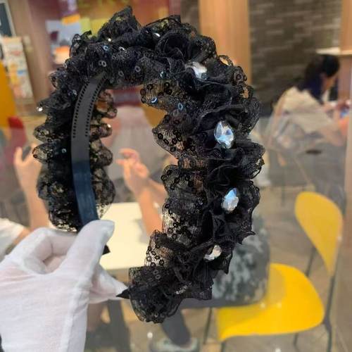 韩版蕾丝方形带钻发箍女亮晶晶压发卡子复古显脸小头箍仙女发饰
