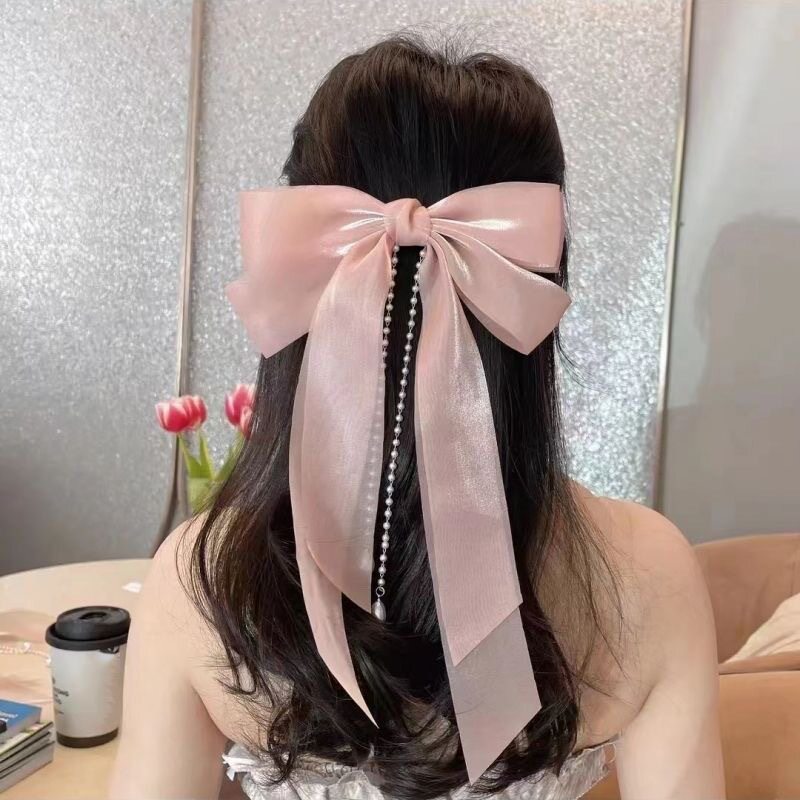 超仙蝴蝶结弹簧发夹珍珠流苏发带女ins风飘带高档diy高颜值头饰品