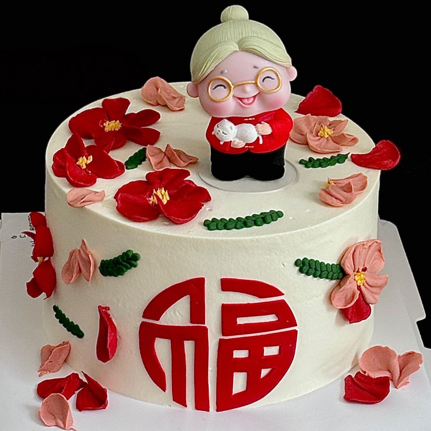抱猫咪奶奶蛋糕装饰摆件圆福字压模模具爷爷奶奶祝寿生日烘焙装扮