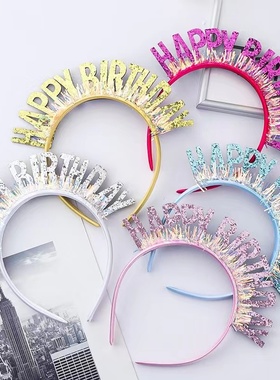 生日快乐网红发箍钻石珍珠合金happybirthday女神小女孩发夹头箍