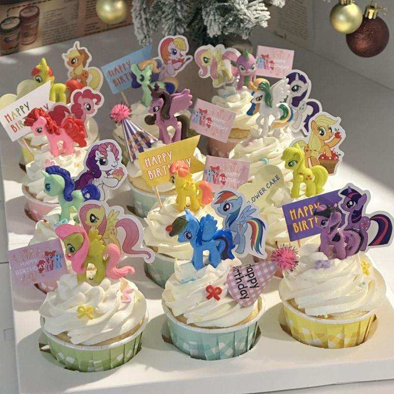 网红粉色小马宝莉格子纸杯蛋糕装饰彩虹小马宝莉插旗女孩生日配件