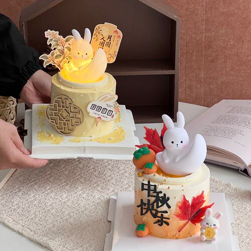 网红中秋节发光月亮兔子灯蛋糕装饰摆件新中式国风节日快乐插牌