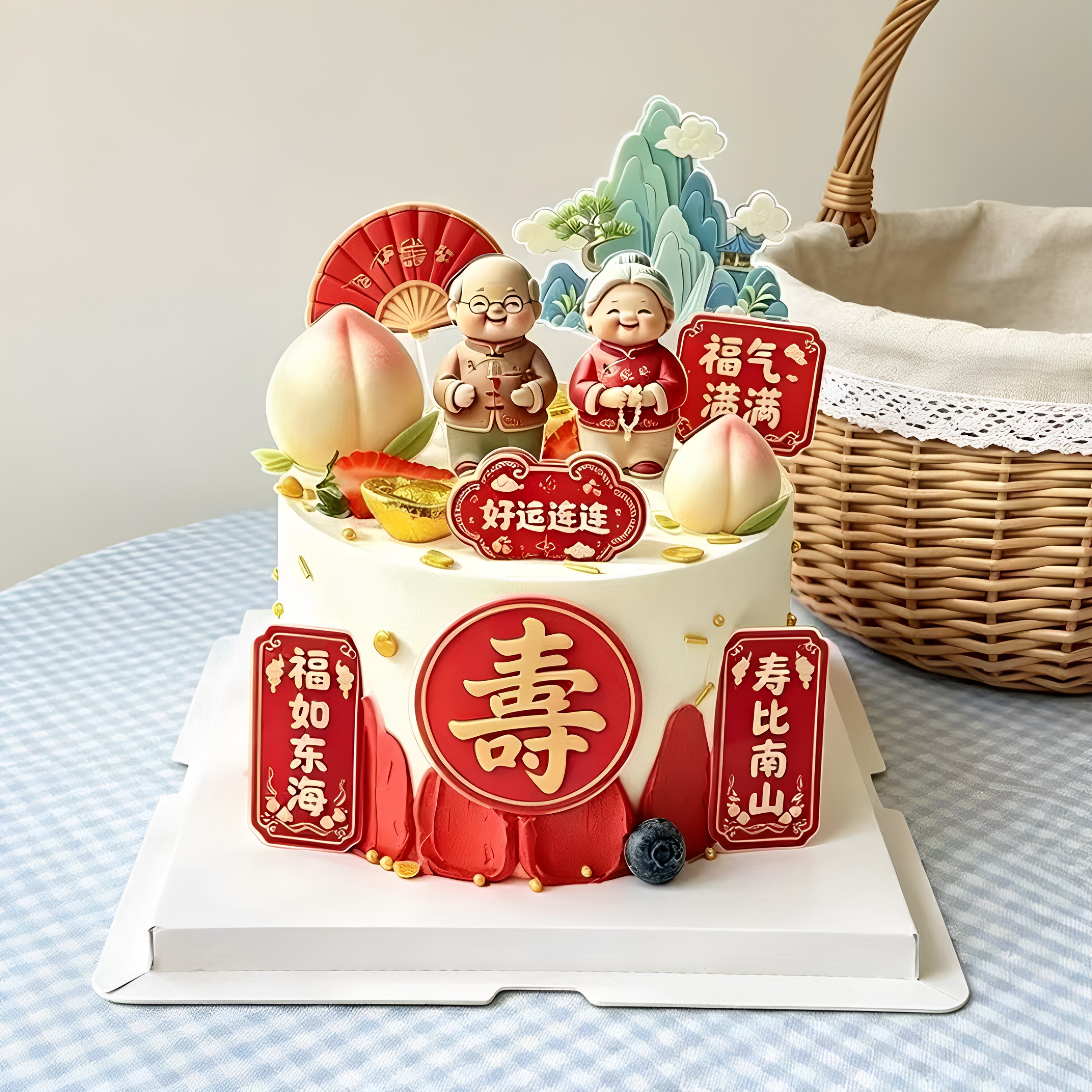 中式爷爷奶奶祝寿蛋糕装饰亚克力插件福寿安康祥云寿桃装扮摆件