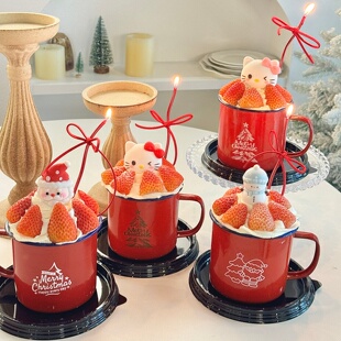 2026圣诞节红色搪瓷杯茶杯蛋糕装饰圣诞kt猫老人雪人烘焙装扮摆件