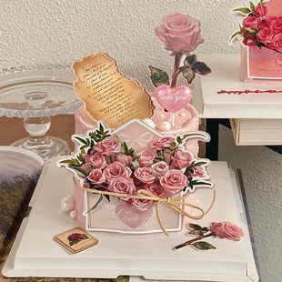 214情人节蛋糕装饰玫瑰花信封贺卡插牌情侣节日爱心蜡烛装扮插件