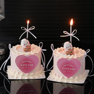 214情人节卡通一二布布蛋糕装饰摆件粉色爱心loveyou卡片插牌插件