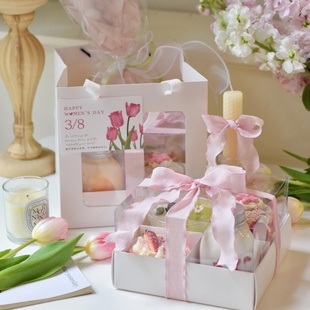 38女神节伴手礼鲜花手提袋三八女王节妇女节四宫格蛋糕装饰手提盒