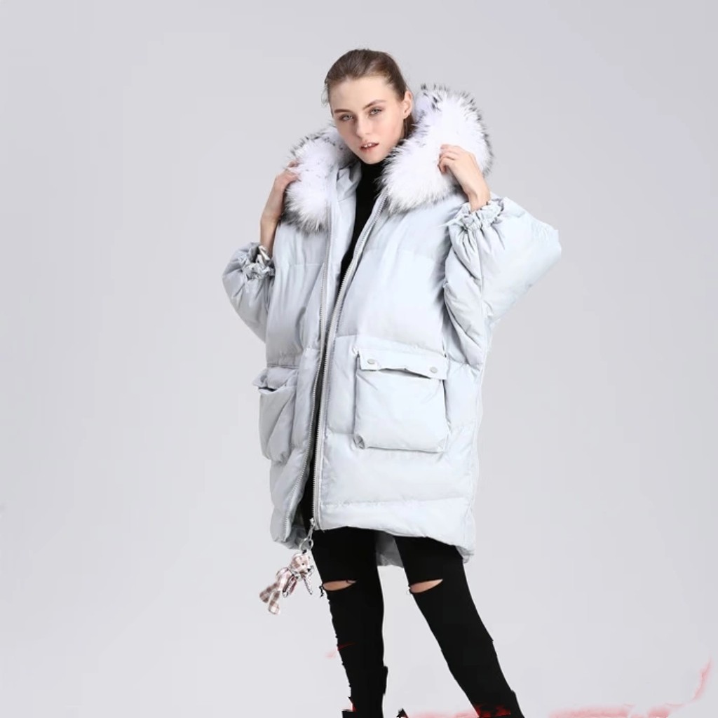 欧洲站新款超大真毛毛领加厚款宽松羽绒服女 韩版慵懒风