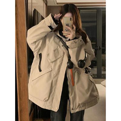 斤大码胖美式多口袋工装冲锋衣夹棉外套女宽松连帽加厚棉服