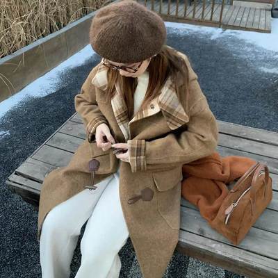 牛角扣连帽双面羊绒大衣女中长款秋冬新款宽松格子羊毛外套