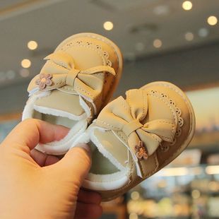 冬季加棉女宝宝鞋子女童公主鞋软底婴儿学步鞋1一2岁小皮鞋叫叫鞋