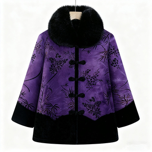 中老年妈妈皮毛冬季加绒加厚一体毛呢外套女装60到70岁上档次衣服