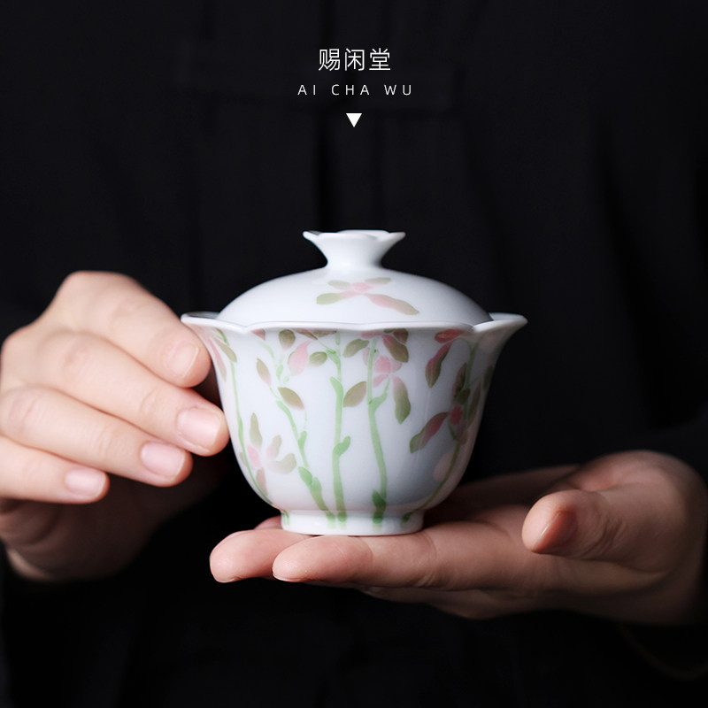 U赐闲堂茶具手绘釉下彩兰寿鱼如愿为安盖碗泡茶器敬茶杯功夫茶道