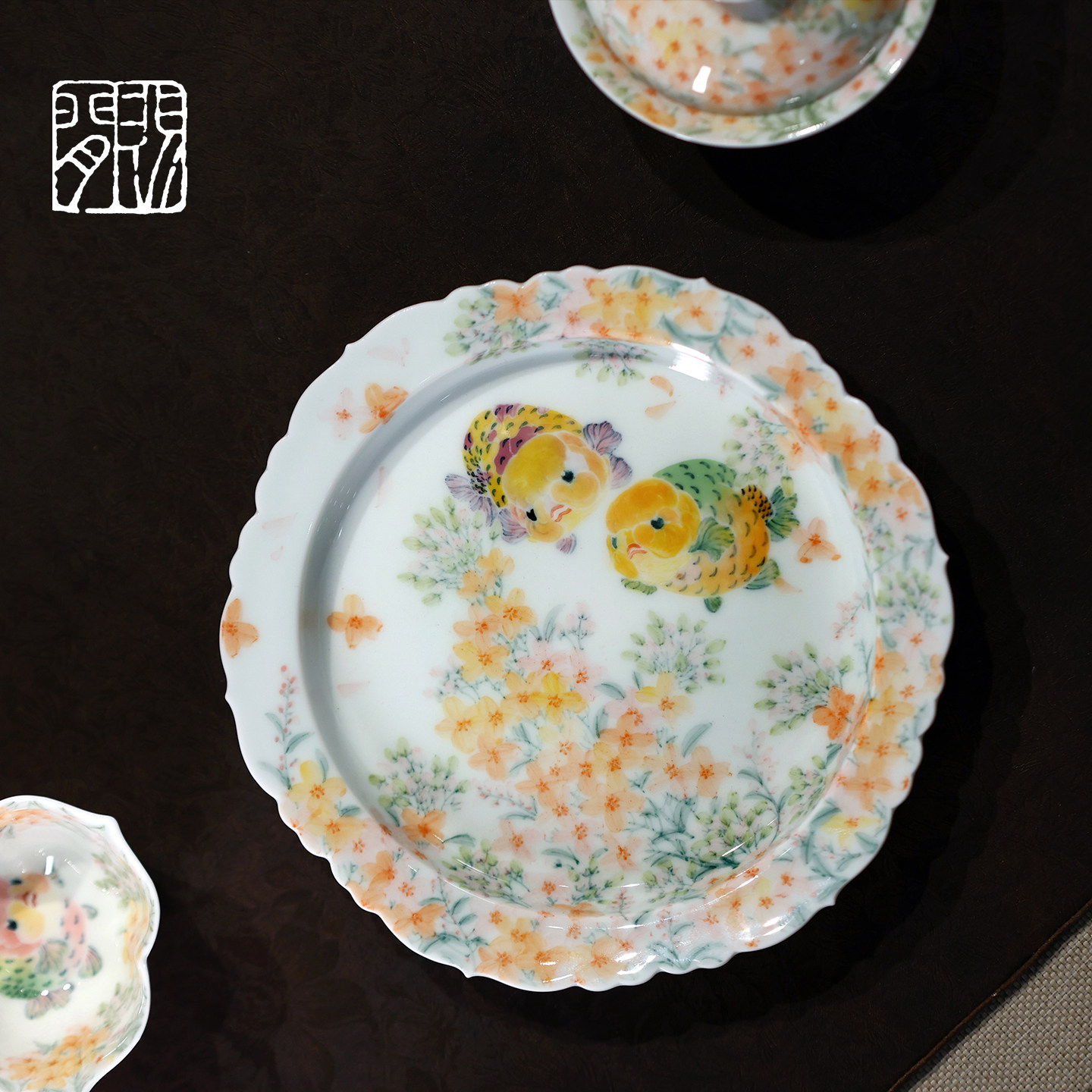 赐闲堂静许壶承手绘釉下彩兰寿鱼壶托干泡茶台盘子景德镇陶瓷茶具